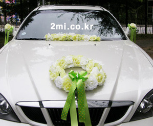 D-5) 그린 웨딩카장식 원형장식2개+ 일자장식2개 + 플라워리본6개 장미꽃 [세트상품] 결혼 자동차