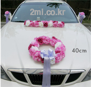 D-3 라벤더 웨딩카장식 원형장식2개+ 일자장식2개 + 플라워리본6개 장미꽃 [세트상품] 결혼 자동차