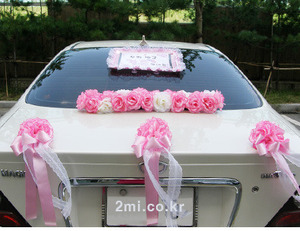 E-1  핑크 웨딩카장식 원형장식1개+ 반볼장식3 + 일자장식1개 + 플라워리본6개 장미꽃 [세트상품] 결혼 자동차