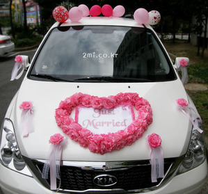 G-1 핑크 일자장식4개 + 플라워리본 6개 + 꽃장식 10개 웨딩카장식  결혼 자동차 장미 조화